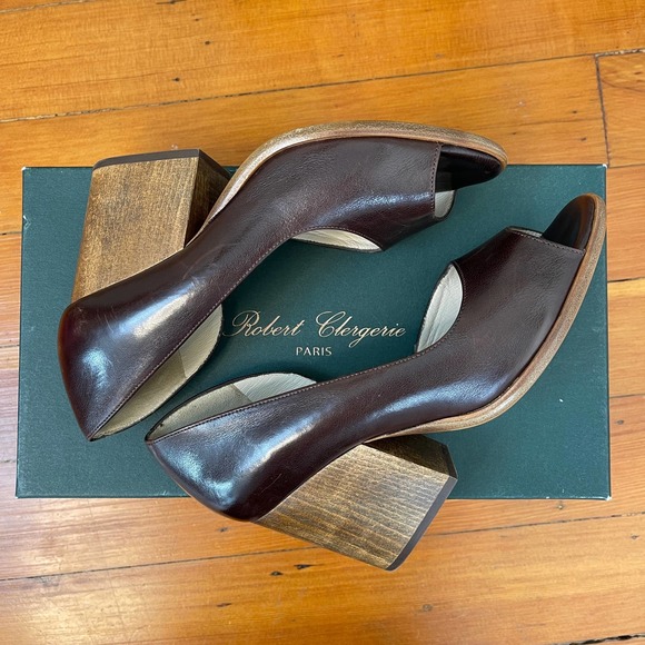 Robert Clergerie Peep Toe Wooden Block Heels Brown Size 37 - Picture 3 of 10
